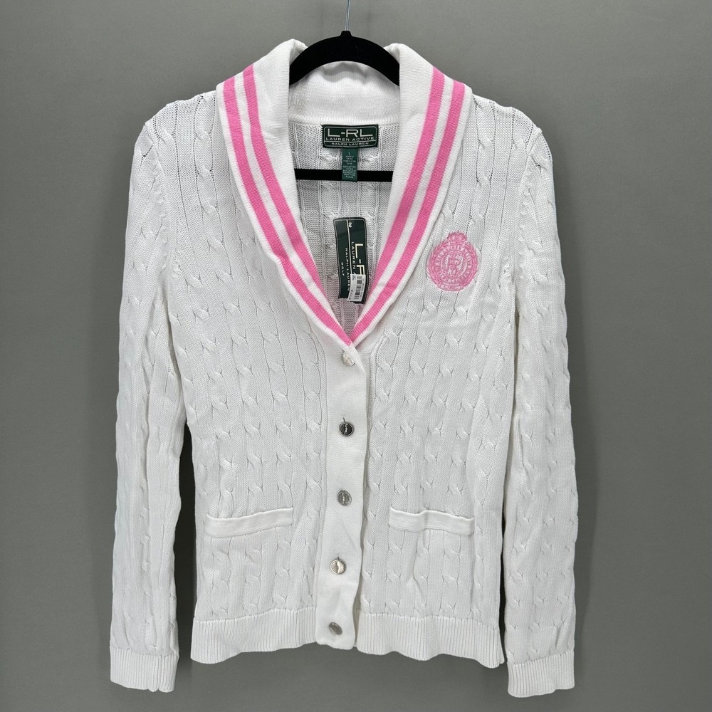 Lauren Ralph Lauren Womens L Cable Knit Cardigan Pink Stripe Crest Heritage NWT‎